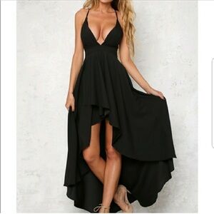 Hello Molly high low formal black dress with deep v neck and open back.